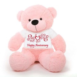 Pink 5 feet Big Teddy Bear wearing a Happy Anniversary T-shirt